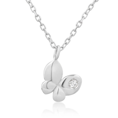 Lant cu pandantiv pentru copii cu fluturas din aur alb de 18K cu diamant de 0.02ct