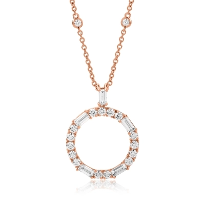 Lant cu pandantiv cerc din aur roz de 18K cu diamante de 1.38ct