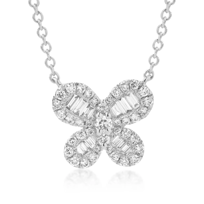 Lant cu pandantiv fluture din aur alb de 18K cu diamante de 0.45ct
